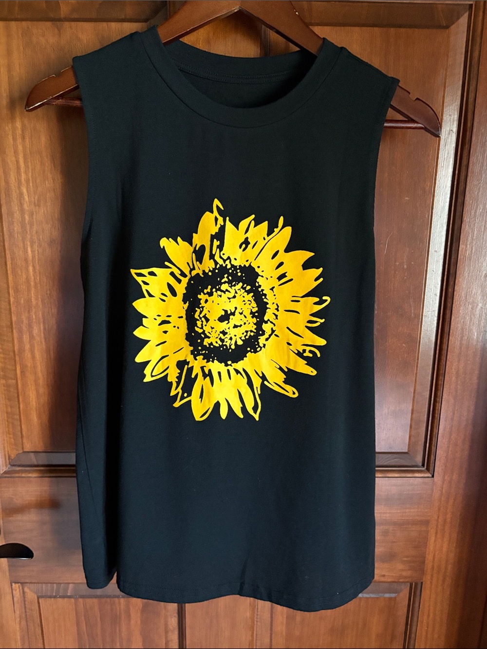 Black Muscle Tank with Bold Yellow Sunflower Graphic-Women's Small (runs large)